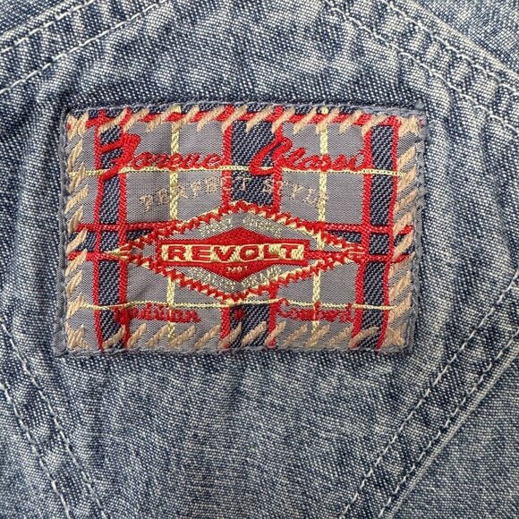 90s Vintage Revolt Blue Denim Rainbow Trim Straight Leg  Utility Overalls Size L - Picture 14 of 16